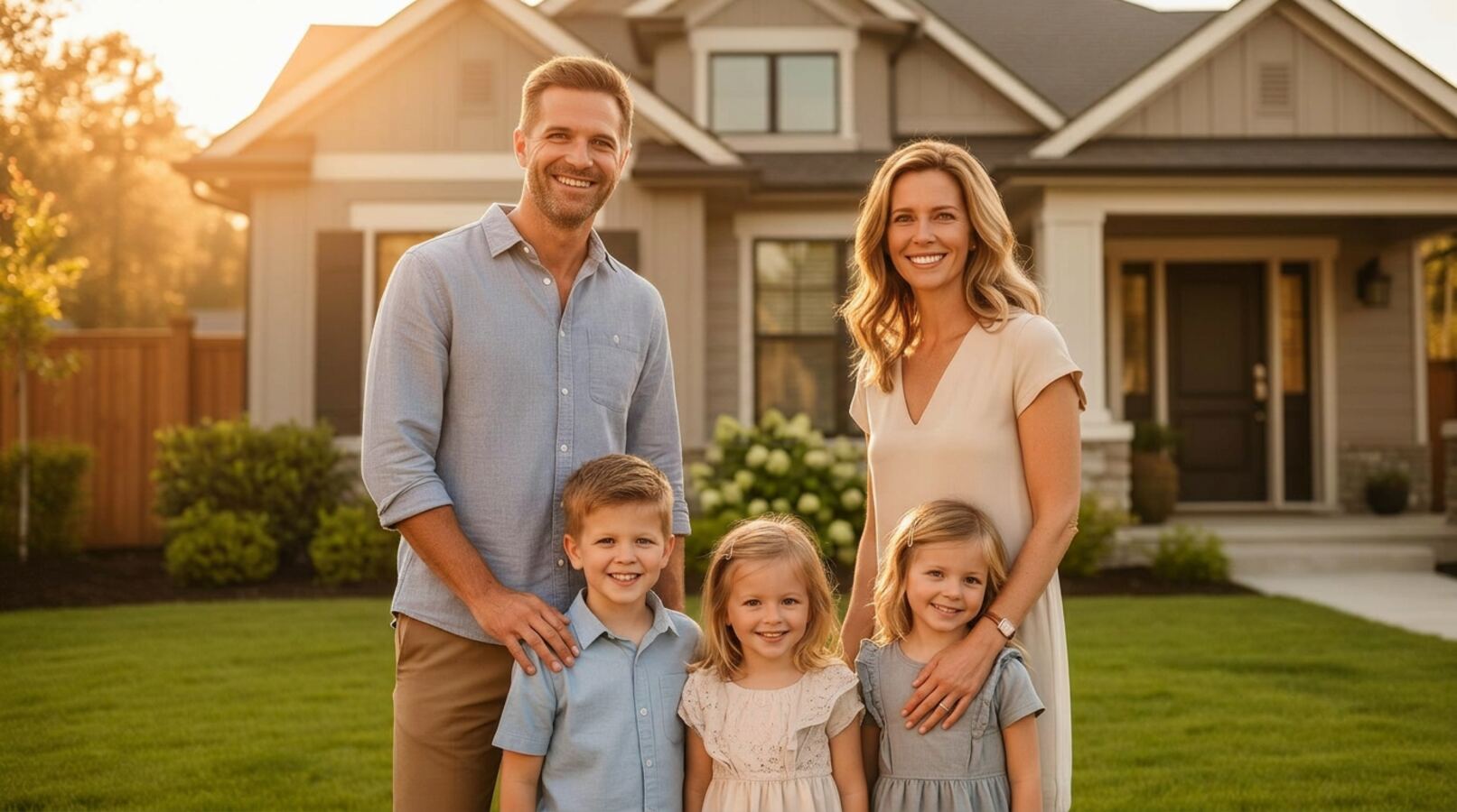 Happy family in front of their home